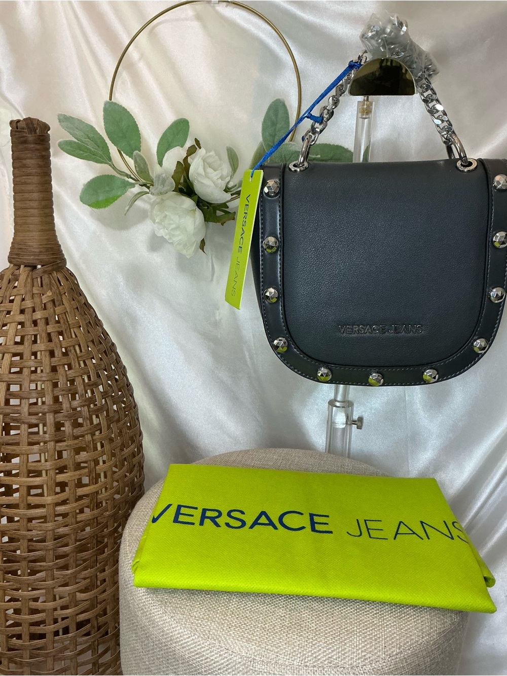 NWT Versace Jeans Collection Black Studded Crossbody with Silver Chain w Dustbag